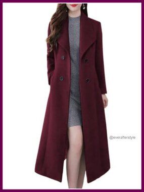Wool Blend Shawl Lapel Double Breasted Midi Pea Coat Winter